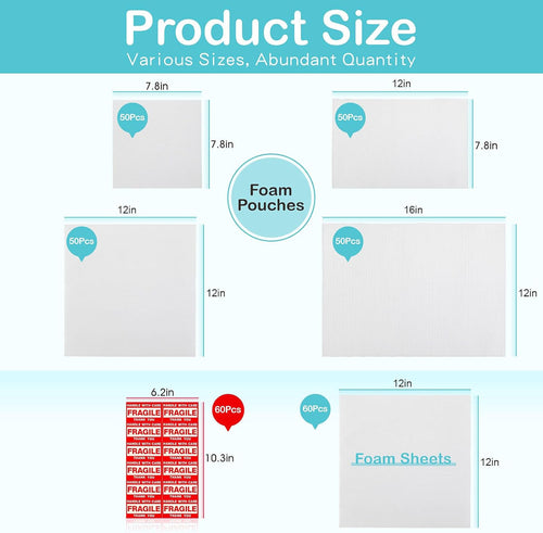 320 pcs Moving Packaging Supplies, 260 Cushioning Foam Pouches and Sheets, 4 Sizes (16x12", 12x12", 12x7.8", 7.8x7.8") with 60 Fragile Stickers, Cushion Foam Pouch for Moving, Packaging, Storage.
